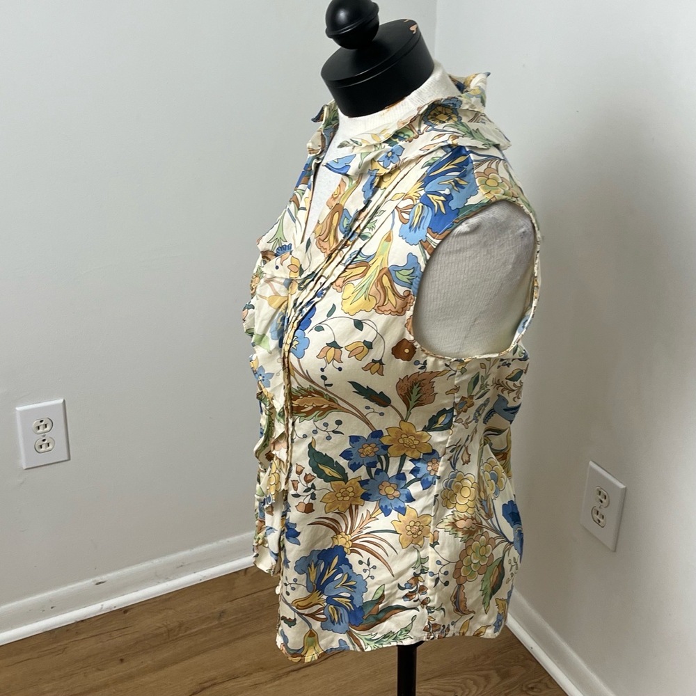 Talbots Silk Blue Floral Print Button Down Collared Neck Ruffled Front Blouse 8‎ - Picture 2 of 9